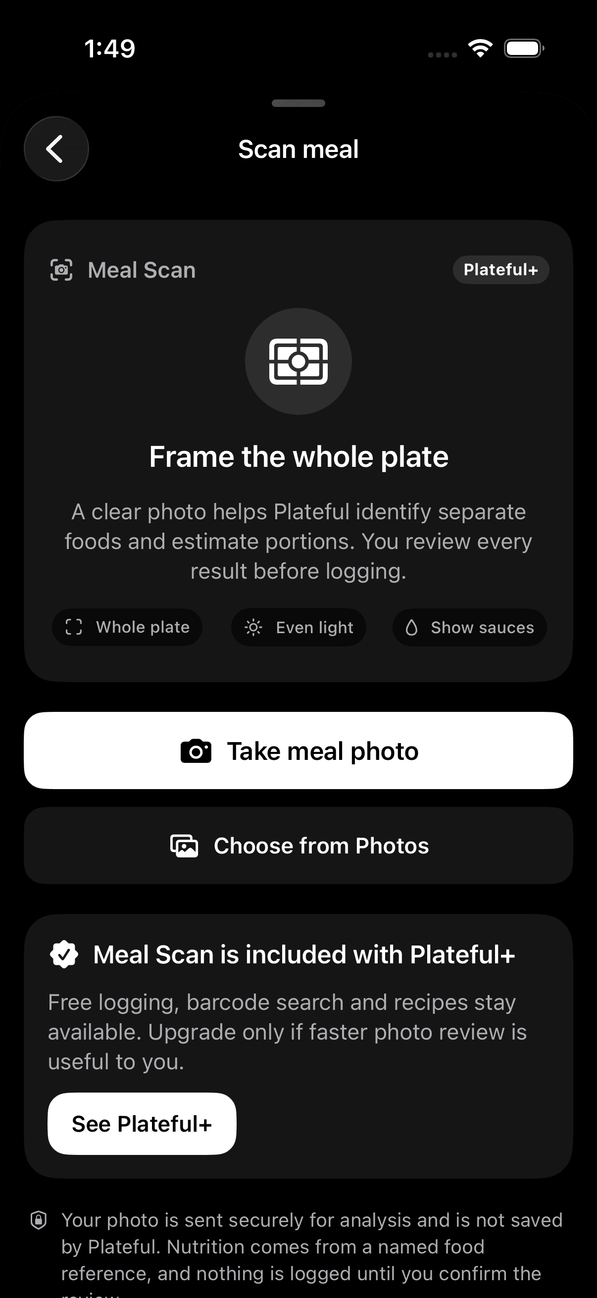 Plateful meal scan screen