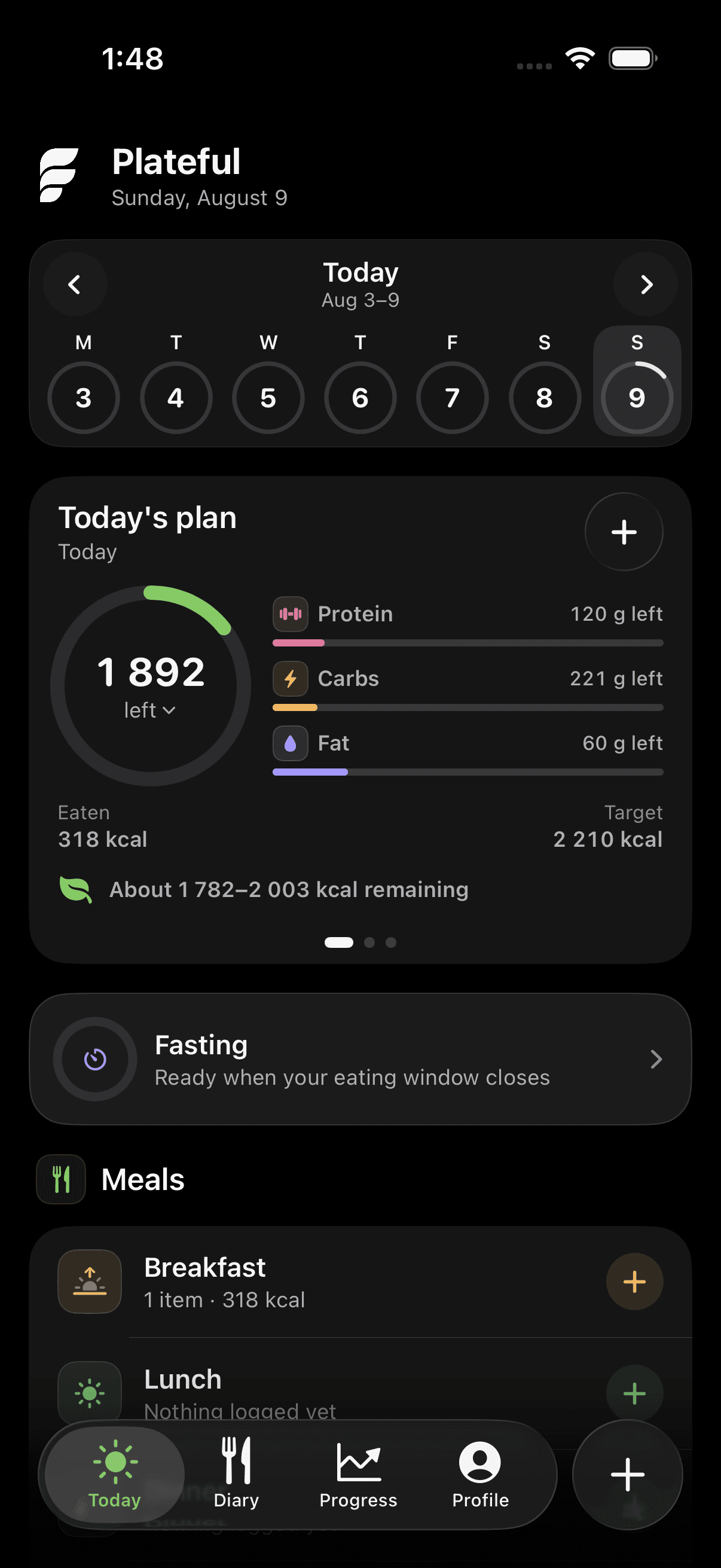 Plateful Today screen showing a daily nutrition plan